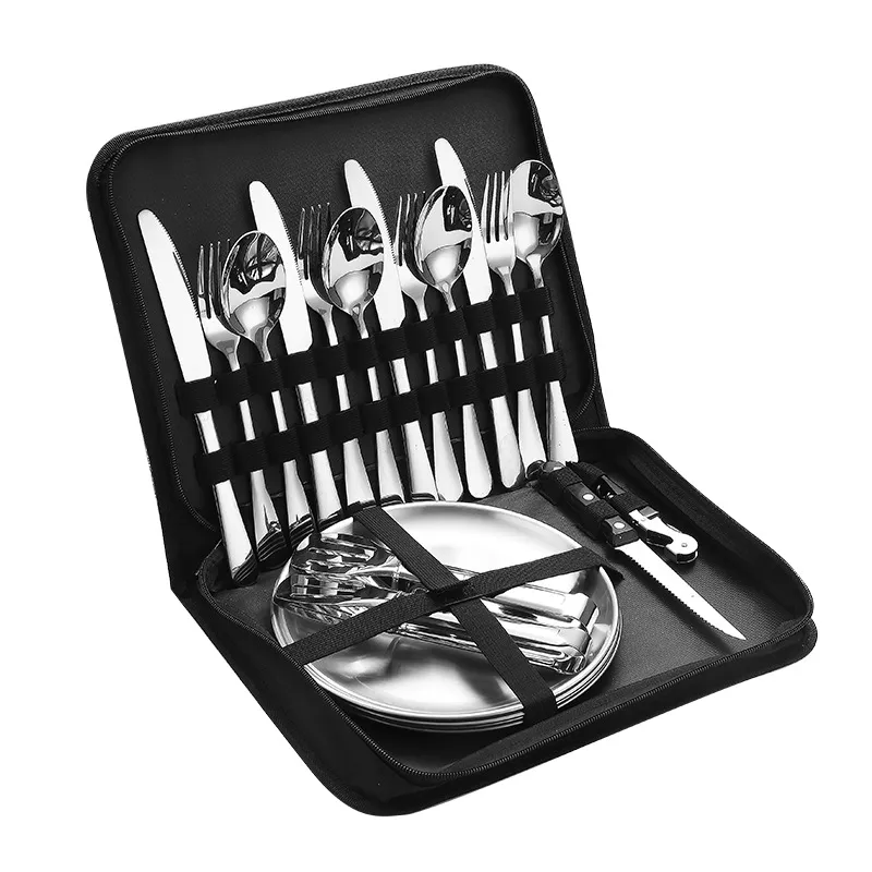 Conjunto de talheres portáteis de aço inoxidável para atividades ao ar livre, faca para churrasco de acampamento, garfo e colher, conjunto de talheres para piquenique com bolsa de armazenamento_voghion.com