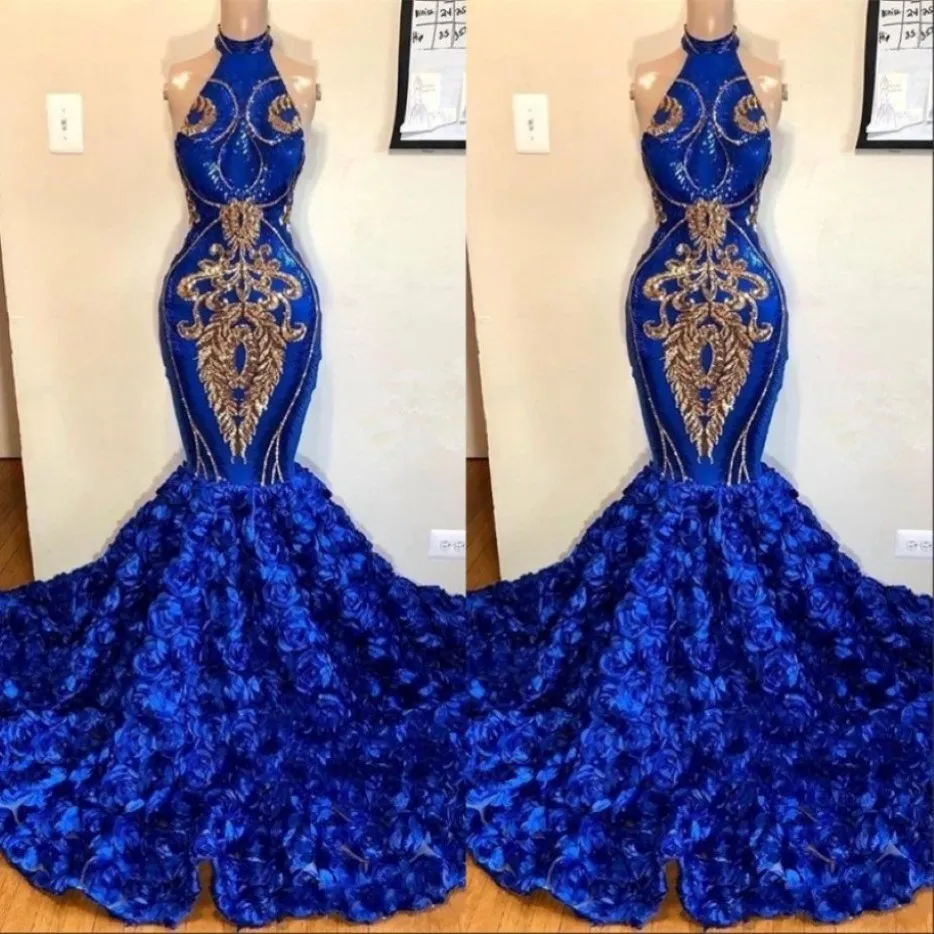 Royal Blue Mermaid Blue Flower Prom Dress 2019 With Rose Flowers Long Chapel Train Halter Skirt African Evening Gown Gold Applique Beads And Formal Dres Style 340S From Ouri 247.1 DHgate.Com