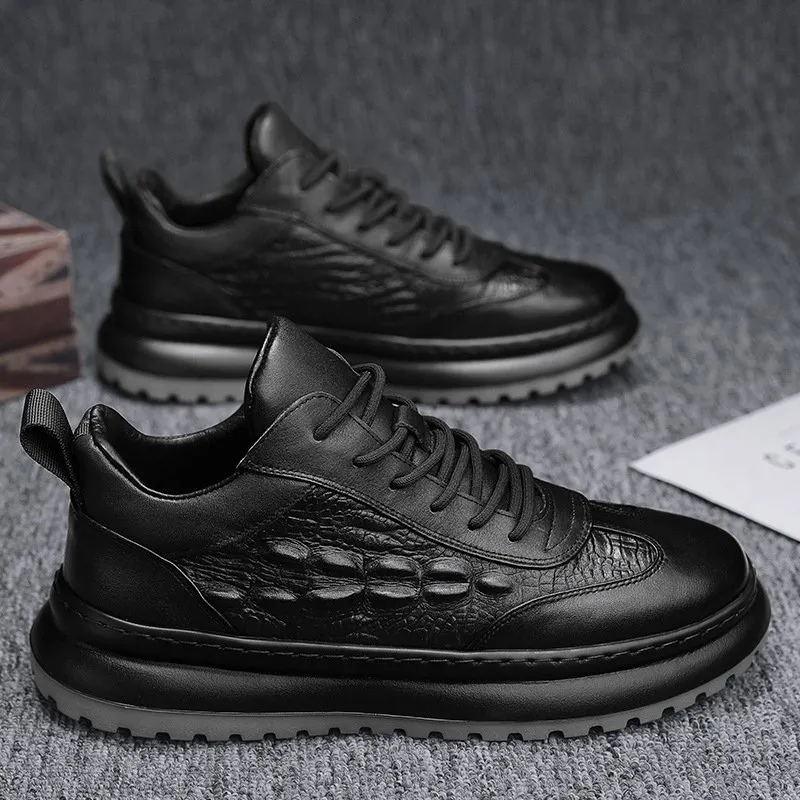 Mens Black Leather Casual Sneakers: Lace-Up Style, Crocodile