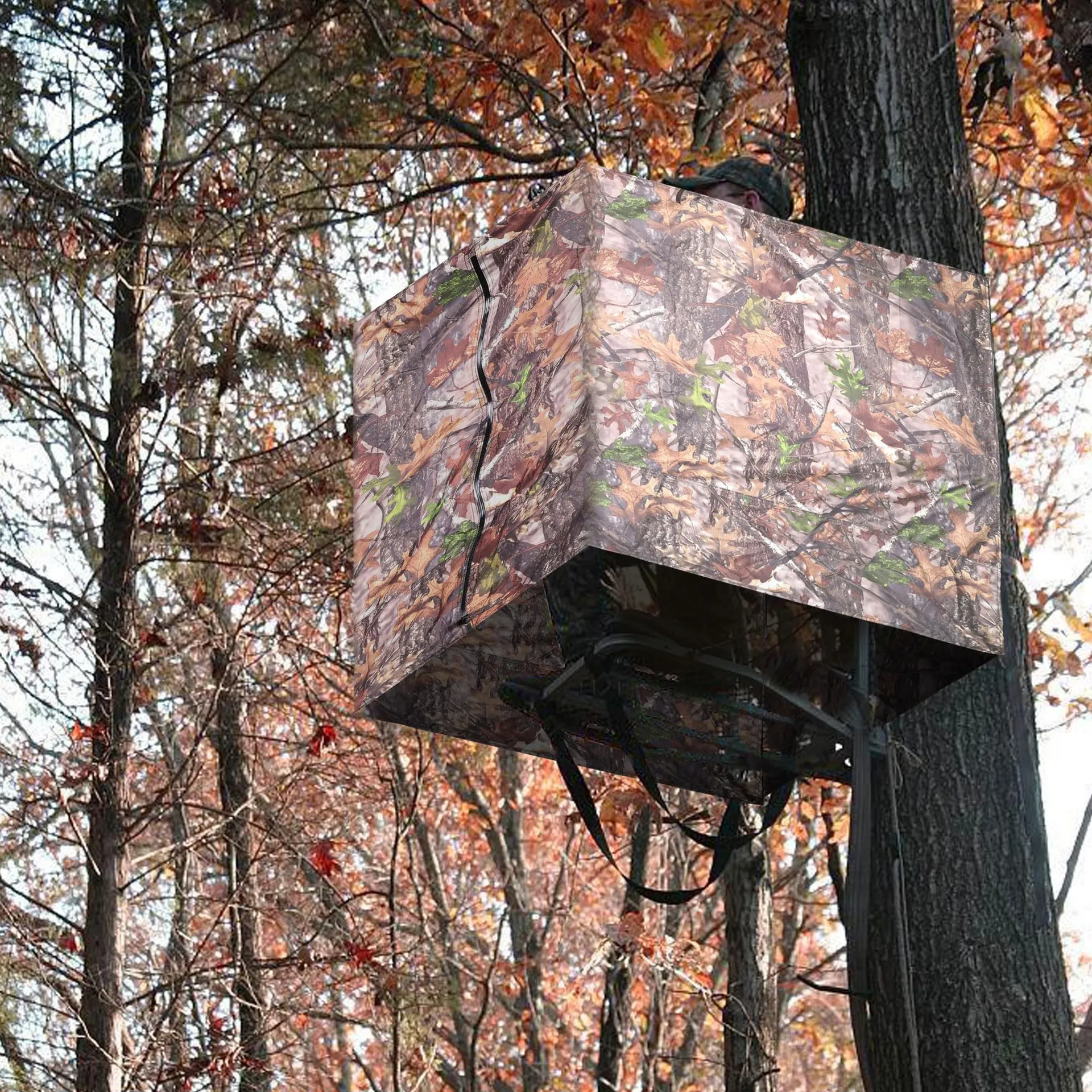 Four-sided Hunting Tree Stand Blinds Kit, 142" X 35" Large Treestand Camo Blind Cover Universal 2 Man Ladder Stand Blind Camouflage Stand Accessories With Zipper Pocket Storage Bag For Deer Hunting, Blinds