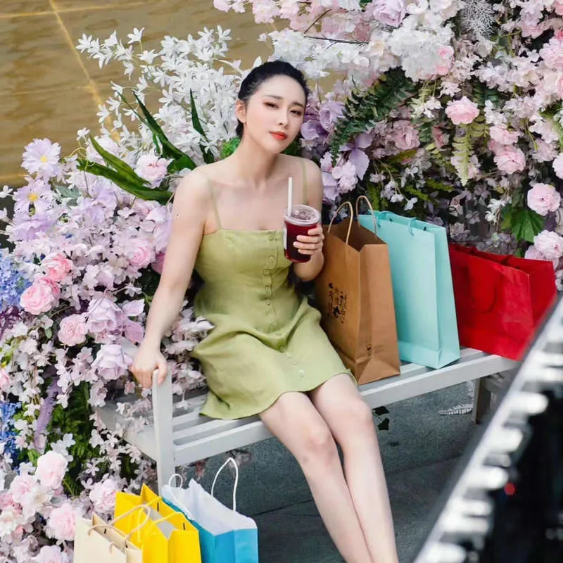 Green Linen Blend Mini Dress - Square Neck, Straps, Summer Chic. Shop Now!  Best Seller from Dhgate Street Style Dresses - price 72.75