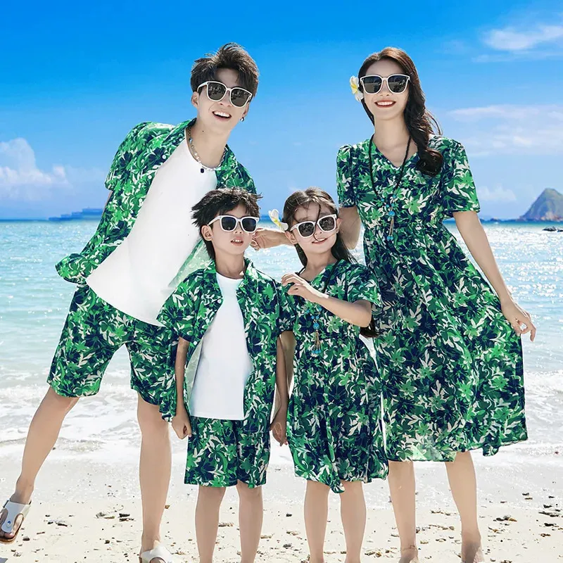 Save Big on Bulk Beach Outfits Family Holiday Look Family Green Clothes  Mother And Daughter Resort Beach Dress Vacation Father Son Shirt Shorts Two 
