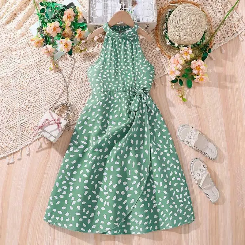 Green Dot Summer Dress: Sleeveless Cute for Girls Age 8-12