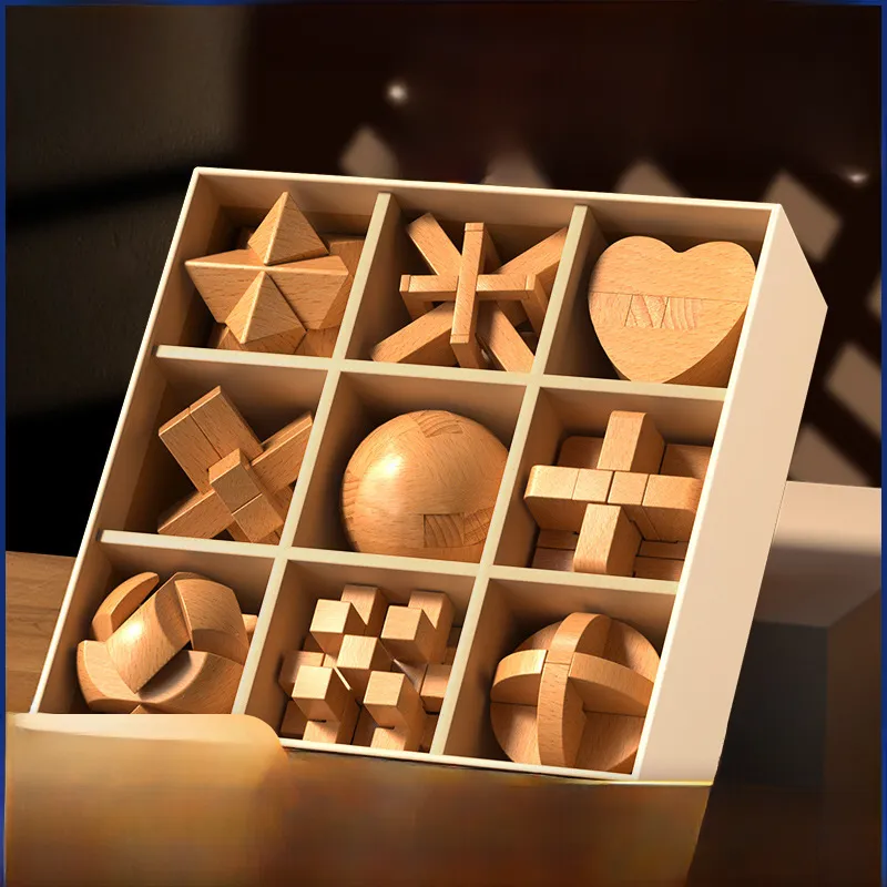 Beech Wood Puzzle Set - Brain Teaser Toy, Luban Lock Jiugongge ...