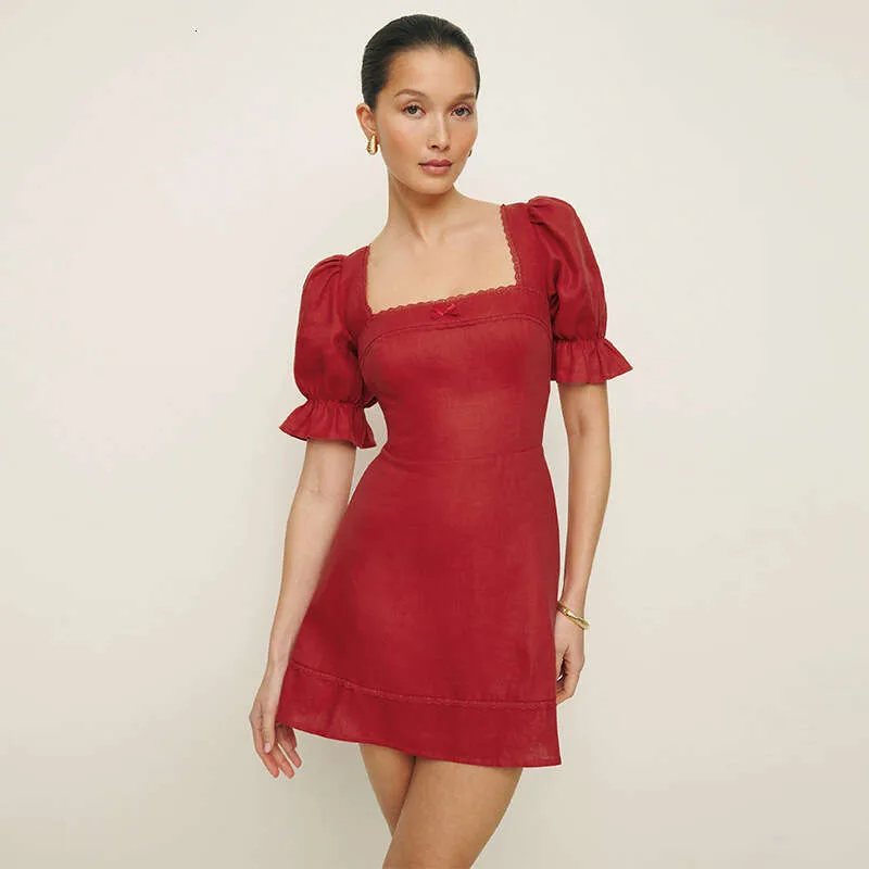 Xuanmei French Oversized Denim dress with Square Collar and Linen Waist - Perfect for Spring and Summer