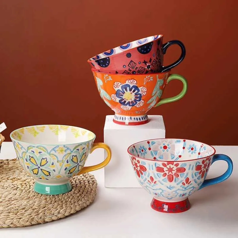 Hand-Painted Floral Ceramic Coffee Cup: 420ml Retro Latte Hand-Painted Floral Ceramic Coffee Cup: 420ml Retro Latte