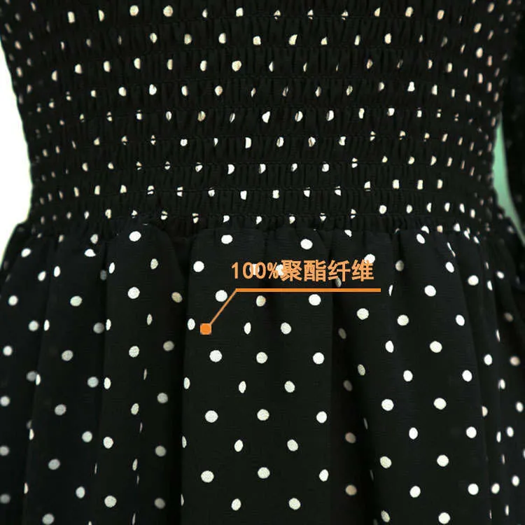Summer Black Chiffon Polka Dot Dress with Floral Skirt and Self-cultivation Waistband