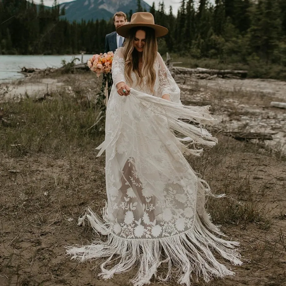 Flare Long Sleeve Boho Wedding Dress Lace Tassel V Neck Zipper Back Sweep Train from Dhgate A-Line Wedding Dresses - price 171.12 Flare Long Sleeve Boho Wedding Dress Lace Tassel V Neck Zipper Back Sweep Train from Dhgate A-Line Wedding Dresses - price 171.12