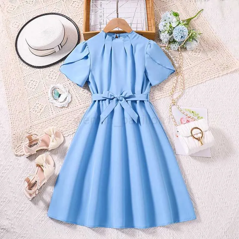 StyleXJ240720 Classic Blue Short Sleeved Dress For Girls Elegant Princess  Style With Belt Casual Daily Wear And Vacation Party Outfit From  Wenxin_pavilion1, $5.54 | DHgate.Com