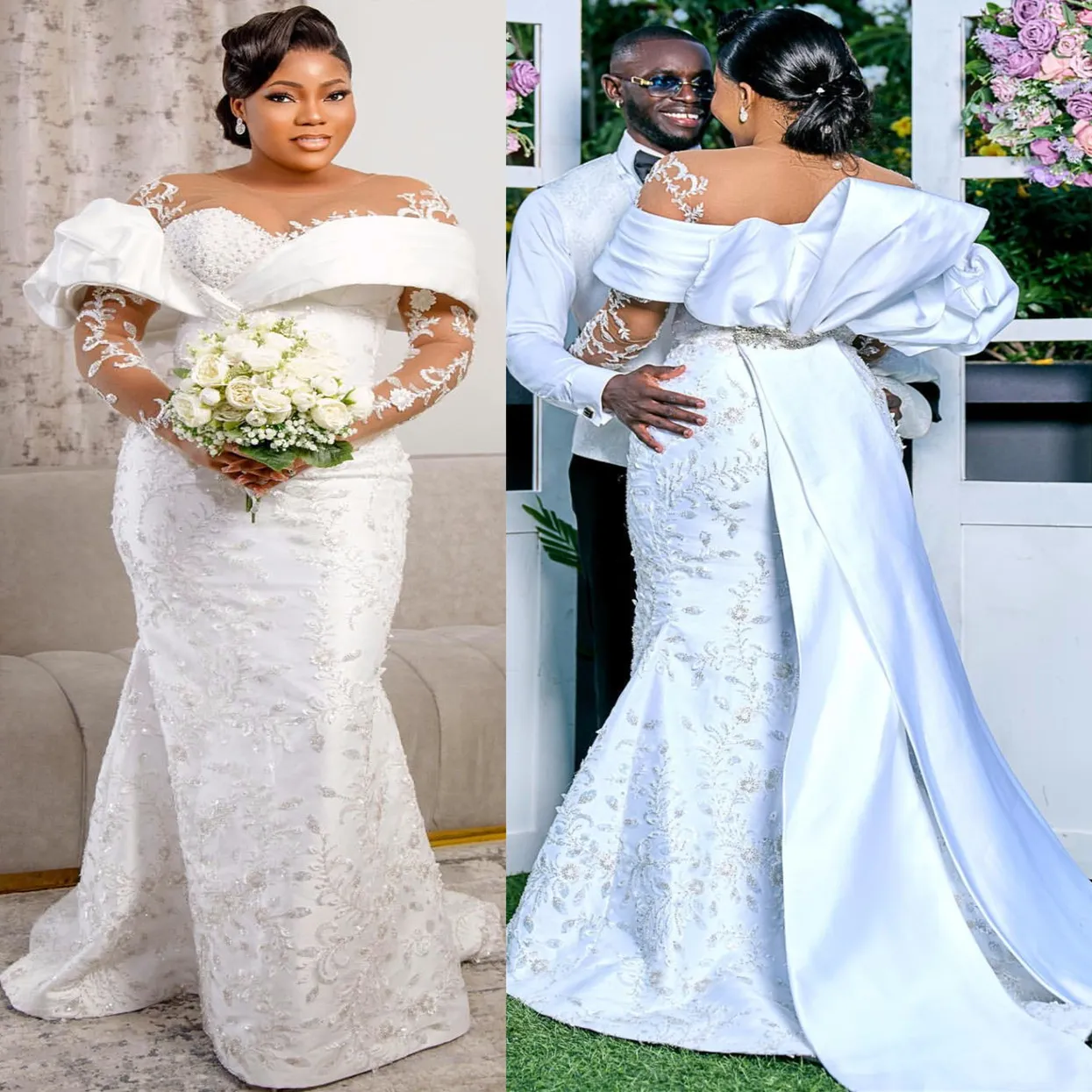 Arabic Aso Ebi Plus Size Mermaid Wedding Dresses 2024 White Lace Beaded Long Sleeves Bridal Gowns