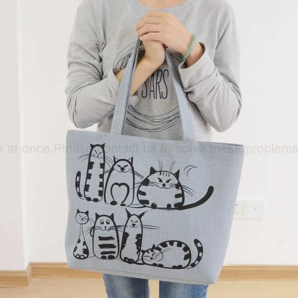 Cartoon Cat Canvas Tote: Stylish Zipper Beach Bag - Shop Now