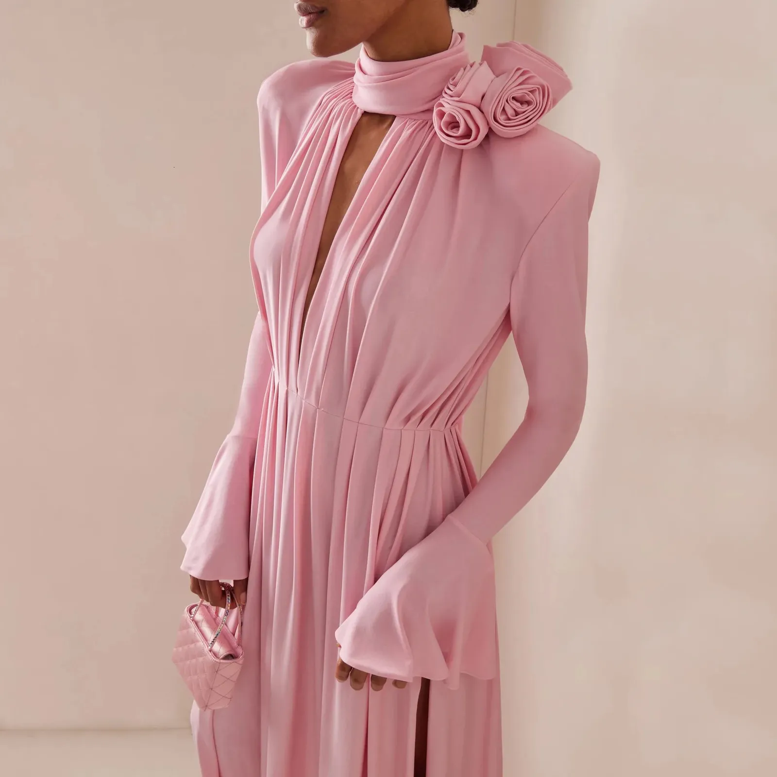Save Big on Bulk Party Dress Long Sleeve Maxi Long Sleeve Mesh Maxi Dress,  Applique Evening Gowns, Elegant Pink V Neck Maxi Dress With High Slit