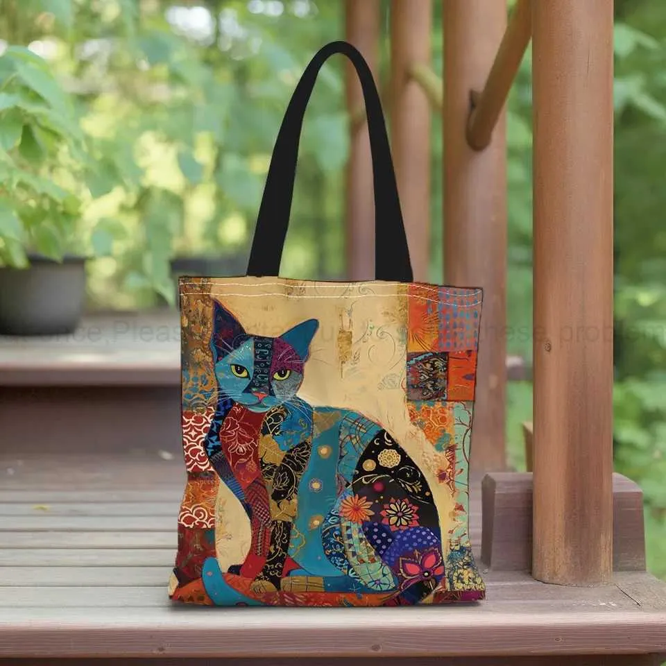 Z250912 Floral Cat Pattern Canvas Tote Bag  From
