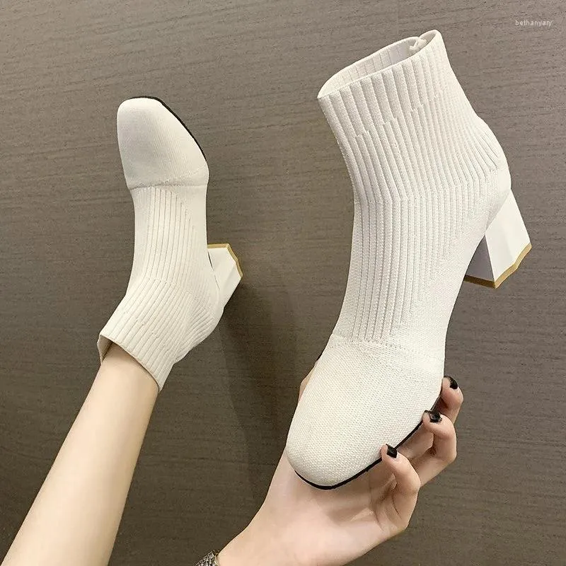 Boots Socks Short Women 2024 Winter Knitting Stretch Thick Heel High Heels Sweet Womens Slip On Casual Botas De Mujer From 19 15 DHgate