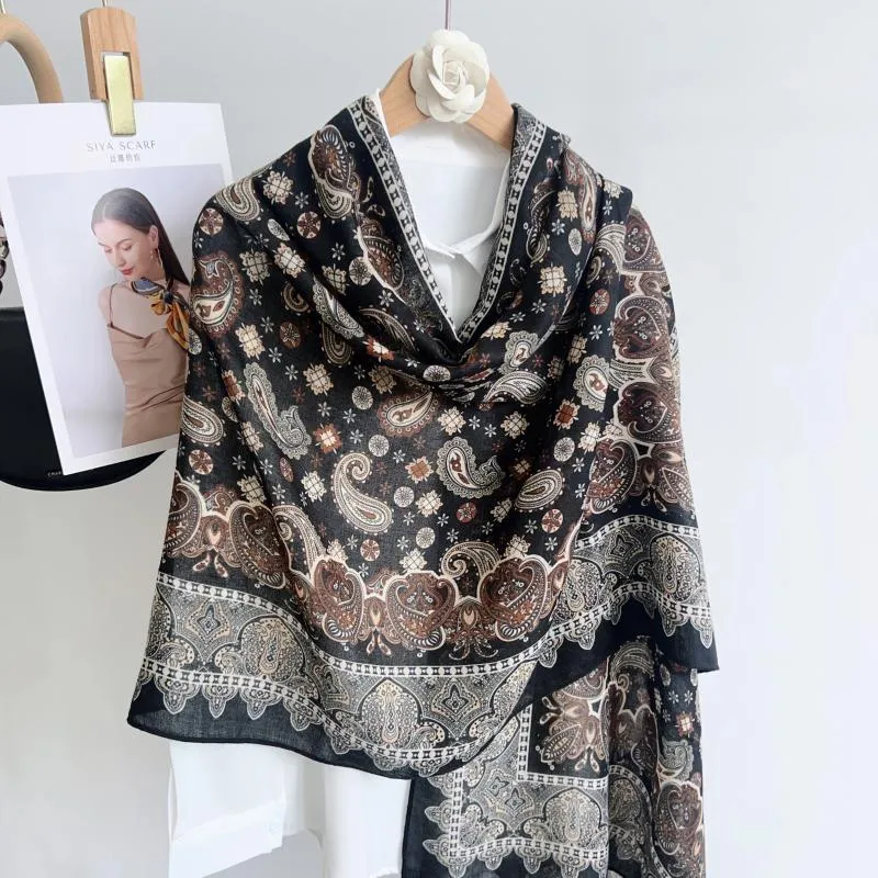 Paisley Print Scarf - Long Lightweight Viscose Linen Blend