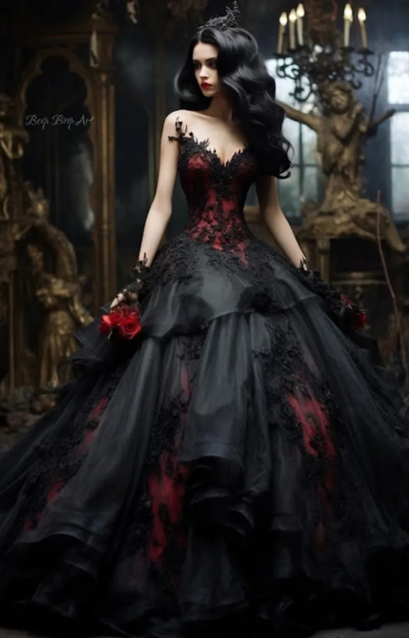 Save Big on Bulk Black Red Prom Evening Gowns Black And Red Gothic Prom  Dresses Ruffle Tiered Ball Gown Long Evening Gowns Lace Appliques  Sweetheart ..., image size:800x1248