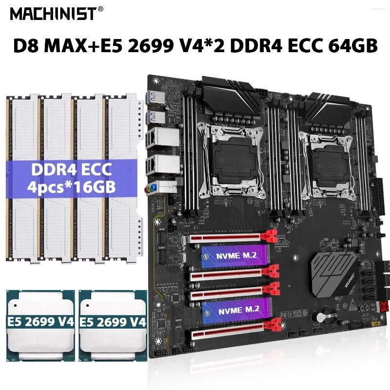 Motherboards MACHINIST X99 D8 MAX Motherboard Set LGA 2011-3 Kit Xeon E5 2699 V4 CPU Processor 2 DDR4 64GB 4pcs 16GB ECC Memory RAM M.2 NVME