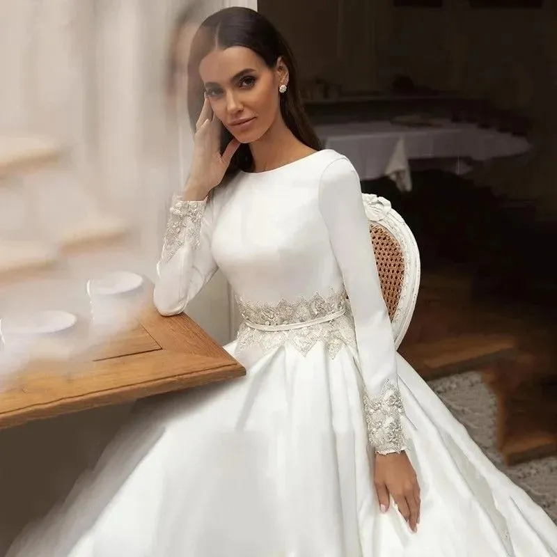 Elegant A-Line Satin Wedding Dress: Long Sleeves, Jewel Neck - Shop Now!  from Dhgate A-Line Wedding Dresses - price 212.51