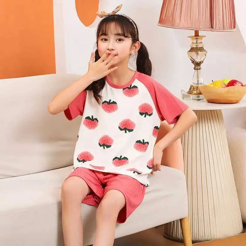 DHgate.com:2024 Kids Summer Pajamas Set - Solid Color 2-16Y