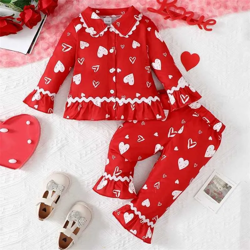 Kids Valentines Day Pajama Set Heart Print Long Sleeve Top Pants