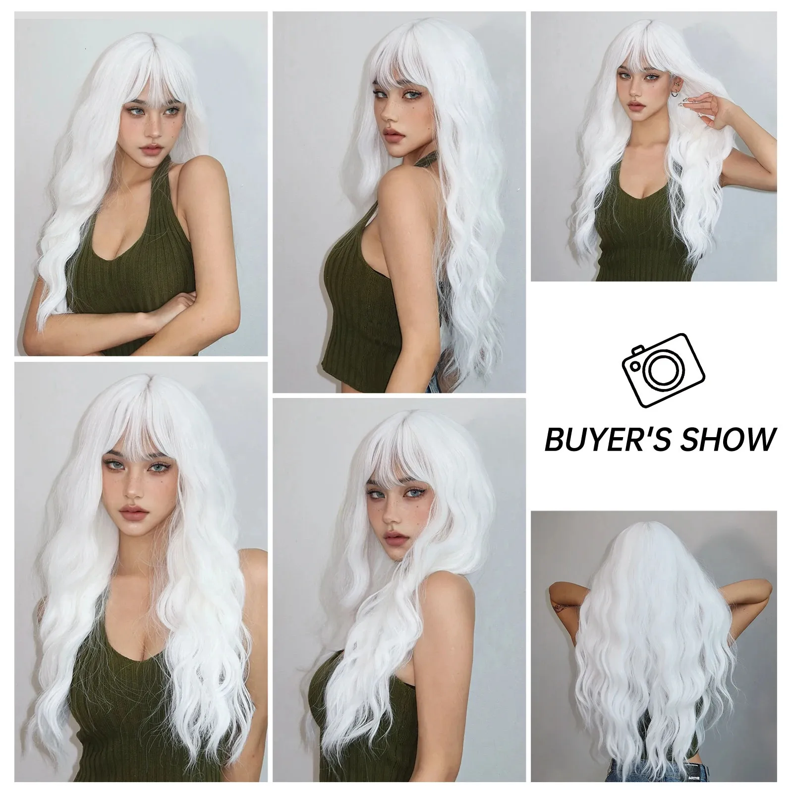 - Human hair blenb white curly wavy wig with bang Long Curly White Wig: Platinum Blonde Synthetic Hair with  main image 3