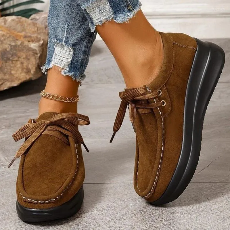 Women's Suede Platform Loafers: Autumn Casual Shoes Comfortable Walking  Flats, Lace-Up Travel Retro Style, Neutral Mujer Zapatos