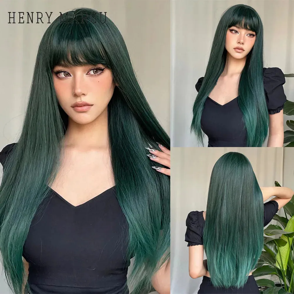 Dark Green Long Straight Synthetic Wig with Bangs for Women  display picture 3