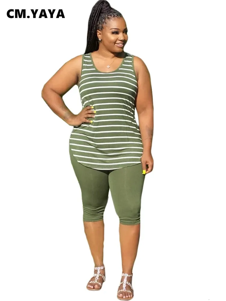 CMYAYA Striped Tank Top And Sweatpants Set For Women Plus Size XL 5XL Sport Plus Size Tracksuit Bottoms With Knee Length Joggingger Suit Matching Set 240713 From Hu03 15 DHgate.Com
