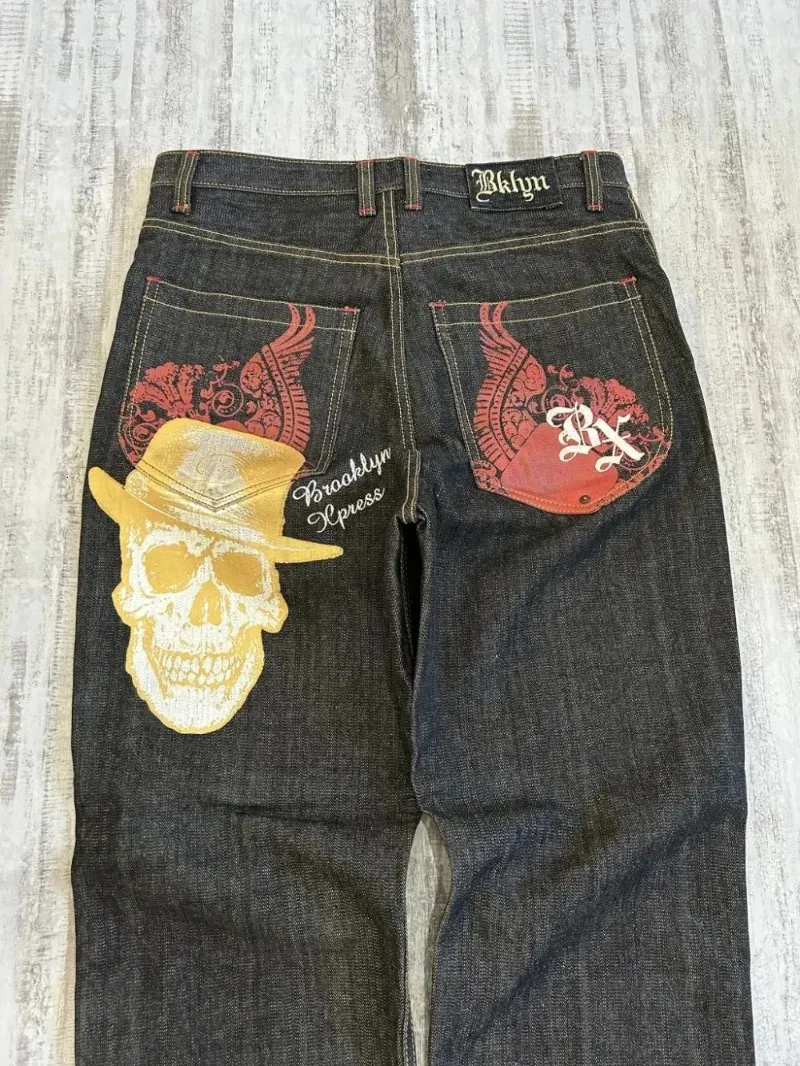 Y2K Skull Graphic Baggy Jeans - Womens High Waisted Wide Leg
