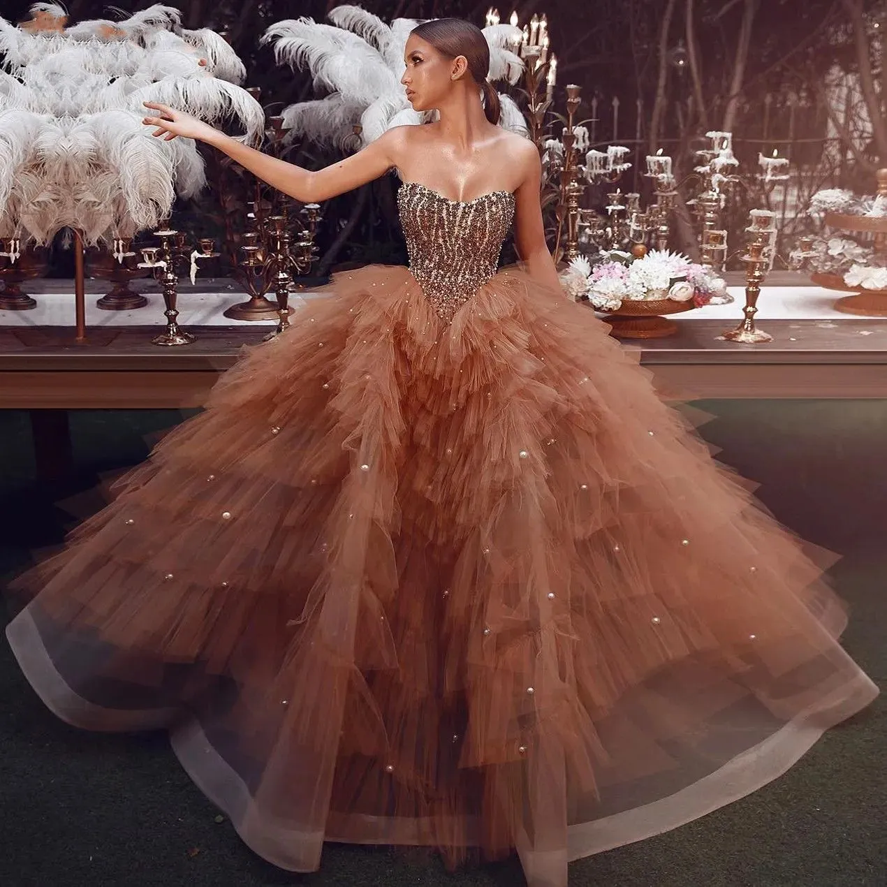 Champagne Ball Gown Sequins Beading Formal Prom Dress main image 0