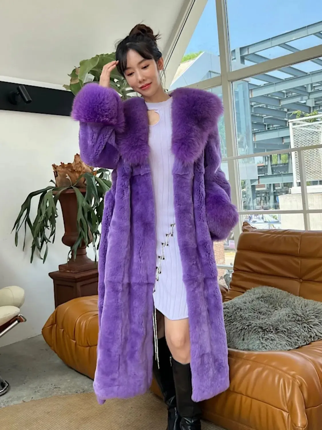Winter Genuine 120Cm Length Real Rex Rabbit Fur Coats With Collar