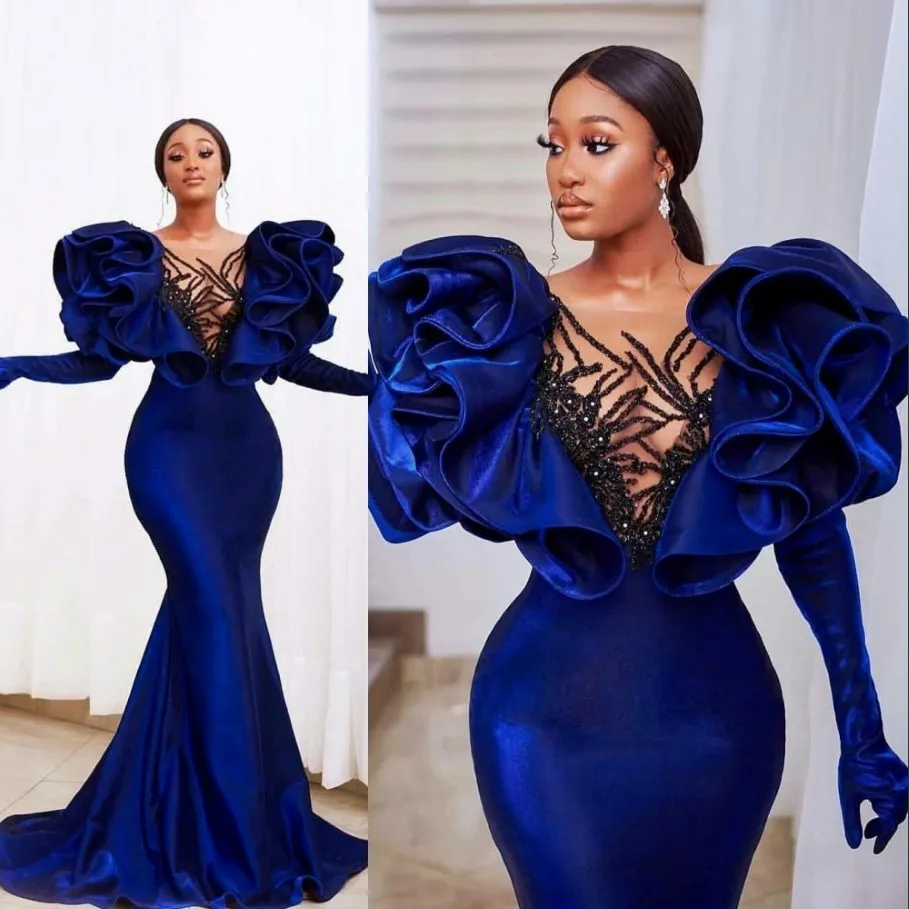Sexy Velvet Royal Blue Mermaid Evening Dresses Plus Size Ruffles Crystal Beads Cap Sleeve Elegant Formal Prom Gowns vestido de novia 246b