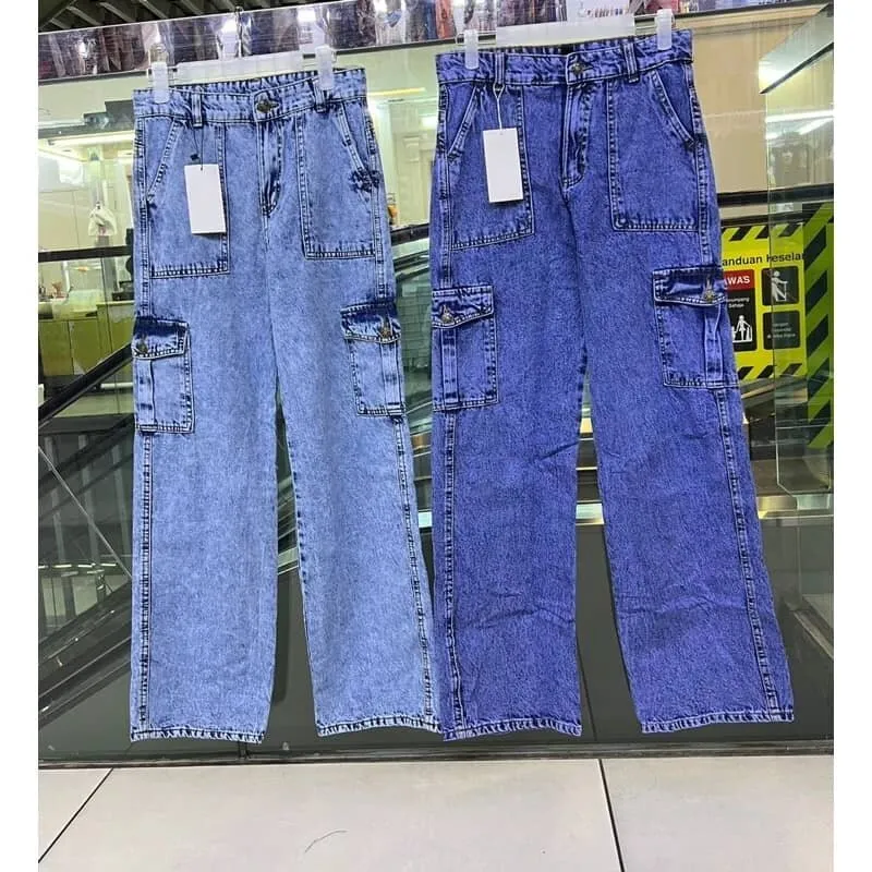 Denim Cargo Trousers Womens Palazzo Pocket Jeans, Washed Denim