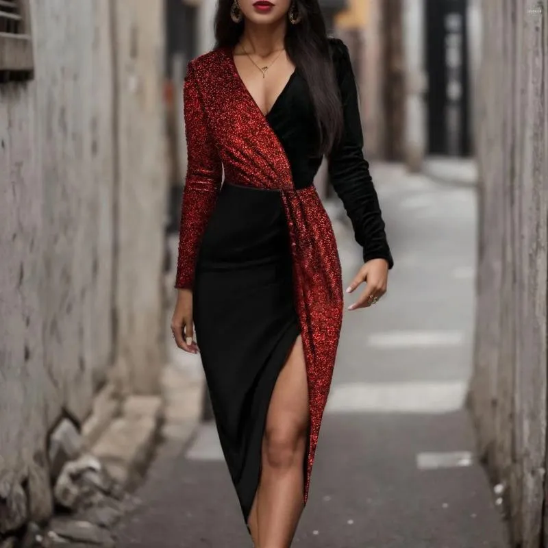 Elegant Party Dress: Black & Gold Sequin Midi Dress - High Waist, Long  Sleeve Prom Dress, Split Hem - Luxury Women's Vestidos from Dhgate Basic &  Casual Dresses - price 30.07