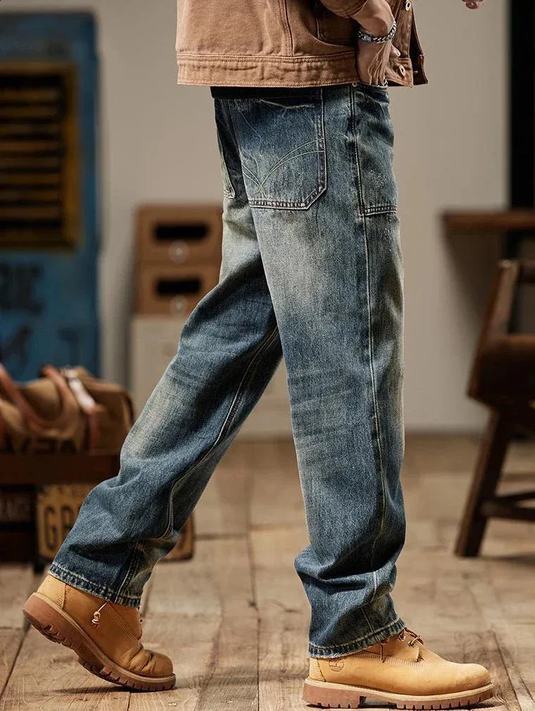 Khaki Straight Hip Hop Trousers Loose Mens Jeans Rock Male Cowboy