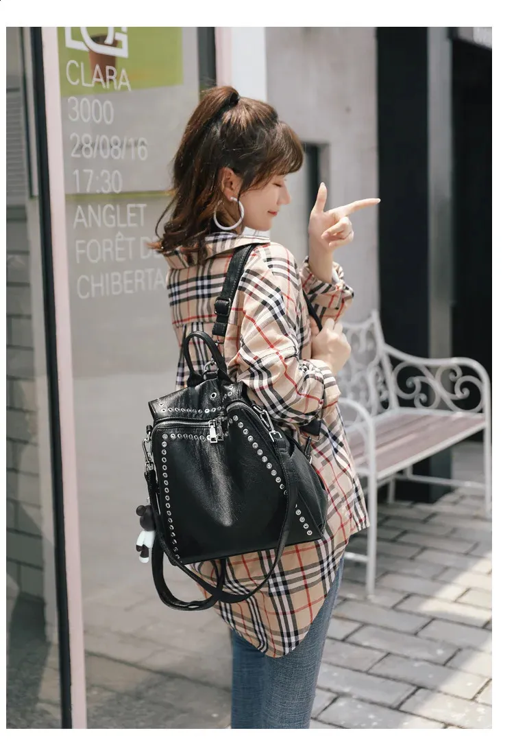 Multifunctional Genuine Leather Rivet backpack for display picture 3