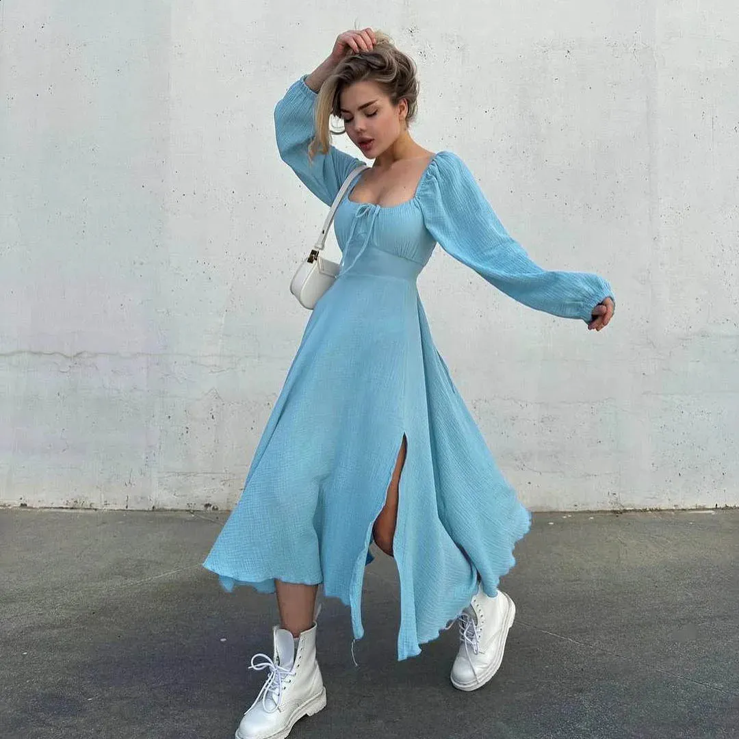 Lace Up Cotton Midi Dress For Women Square Collar, Lantern Sleeves, Side  Slit Autumn Solid Color Streetwear From Mysticastore, $26.72 In Bulk |  DHgate.Com