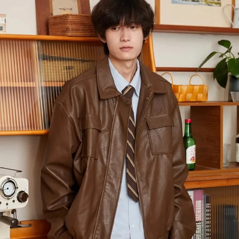 Japanese Mens Leather Jacket Harajuku Retro Motorcycle Loose