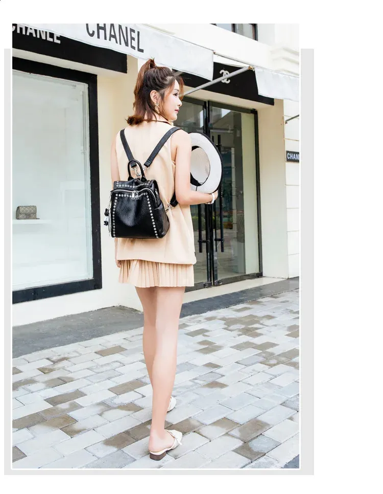 Multifunctional Genuine Leather Rivet backpack for display picture 2