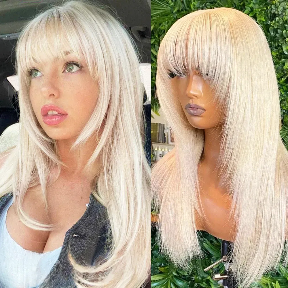 180density Silky Straight Human Hair Wigs With Bang Full  display picture 1
