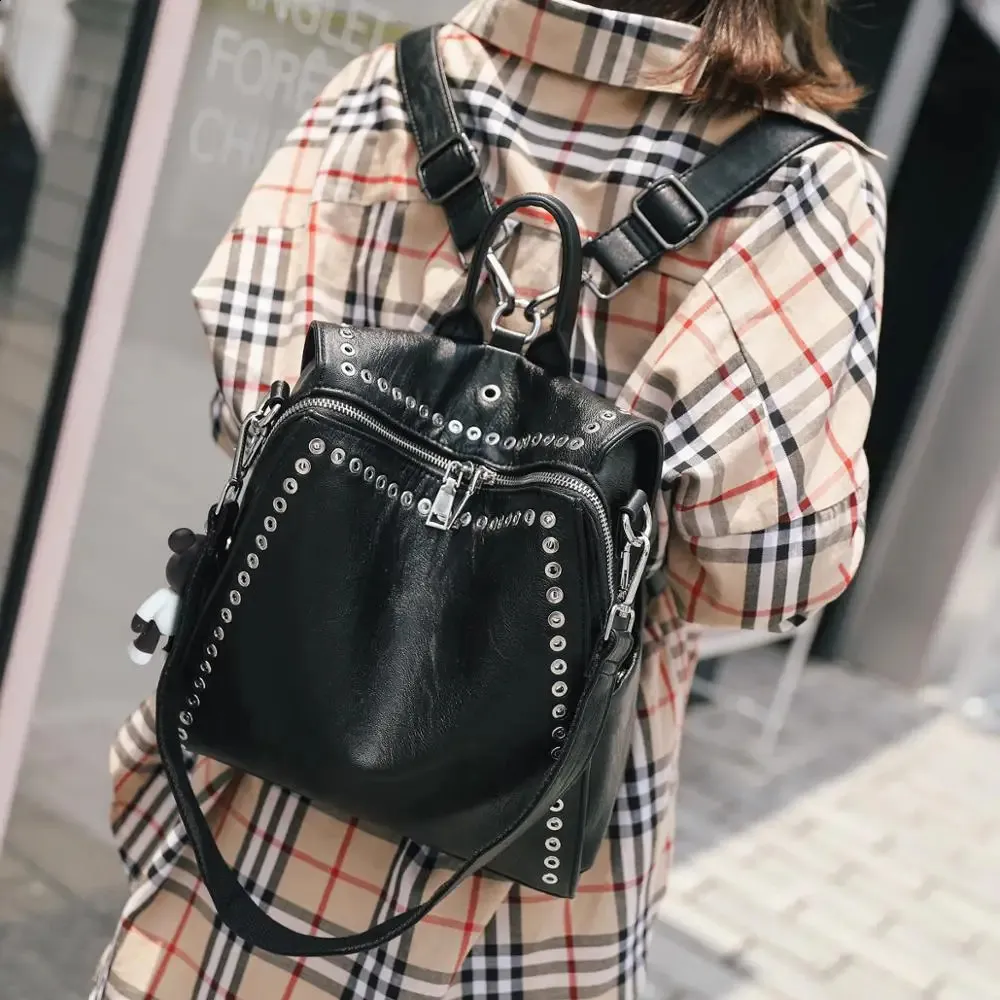 2020 Women Genuine Leather Backpack Rivet Multifunctional Backpack Female Multifunctional Genuine Leather Rivet backpack for main image 3