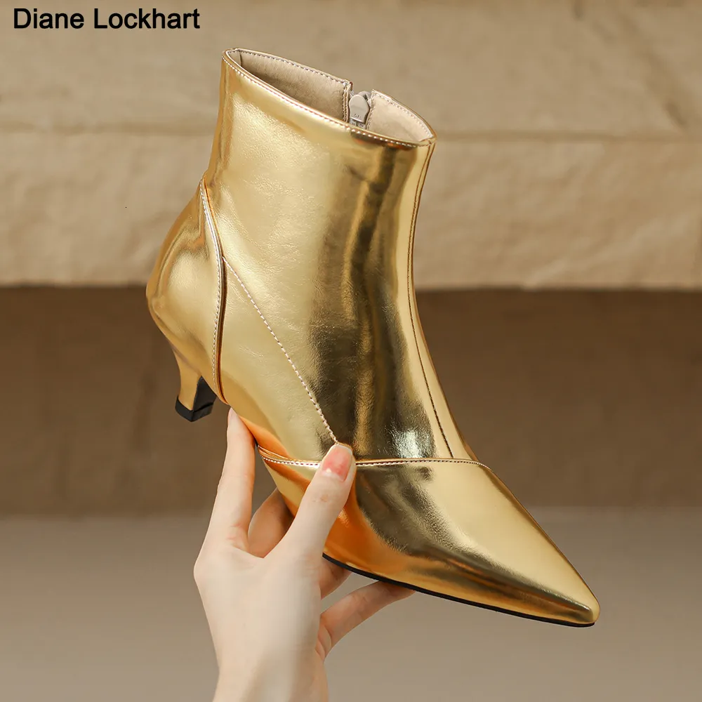 Womens Gold Pointed Toe Gold Ankle Boots Womens With Side Zipper Slim Fit High Heels And Fashionable Design From Topshoes22 31.9 DHgate.Com