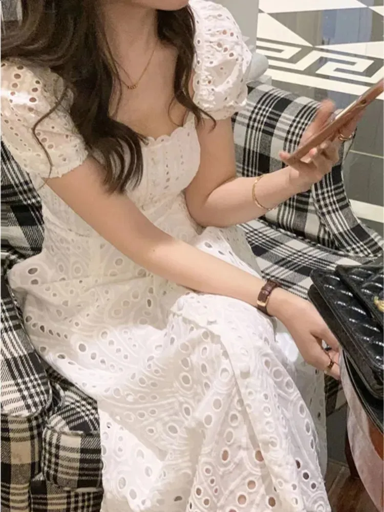 Womens White Puff Sleeve Midi Dress Elegant Square... From Mysticastore,  $28.91 In Bulk | DHgate.Com