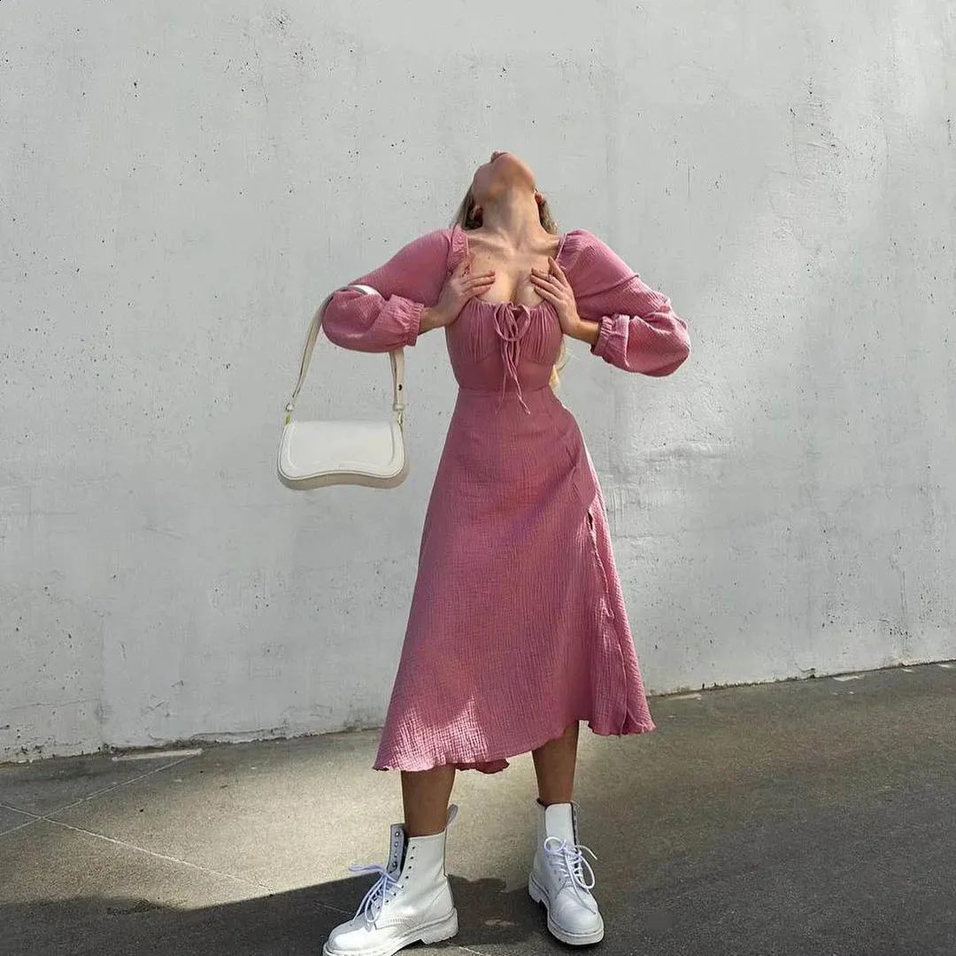 Lace Up Cotton Midi Dress For Women Square Collar, Lantern Sleeves, Side  Slit Autumn Solid Color Streetwear From Mysticastore, $26.72 In Bulk |  DHgate.Com