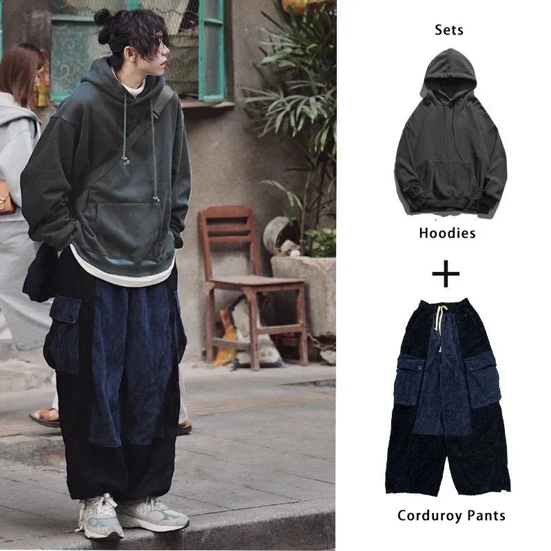 Mens Corduroy Cargo Pants & Hoodie Set Loose Fit, Black