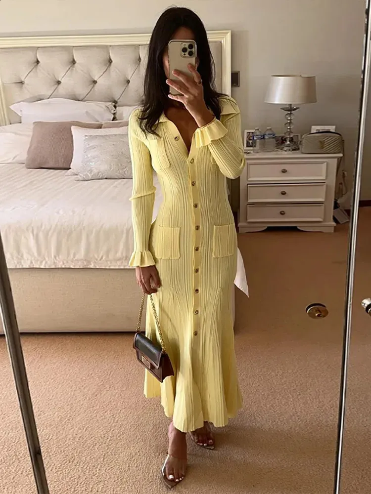 Chic Single Breasted Knitted Dress Women Elegant Flared Sleeve Ruffles Hem Pocket Midi Dresses Female Street Robes Chic Single Breasted Knitted Dress Women Elegant Flared Sleeve Ruffles Hem Pocket Midi Dresses Female Street Robes
