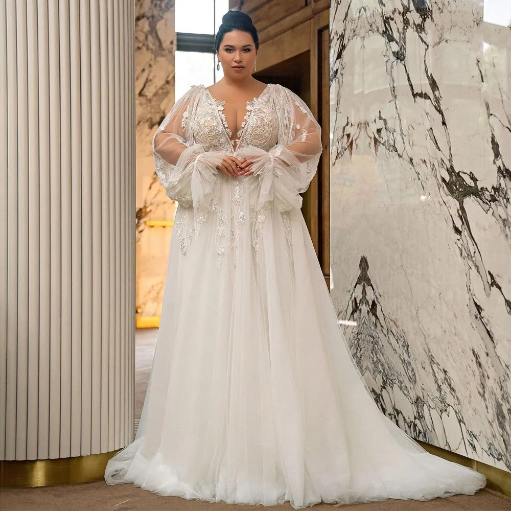 Plus Size Lace balloon sleeve wedding dress with Sequined Long Sleeves, A-Line Sheer Deep V-Neck and Tulle Skirt - Bohemian Bridal Gown