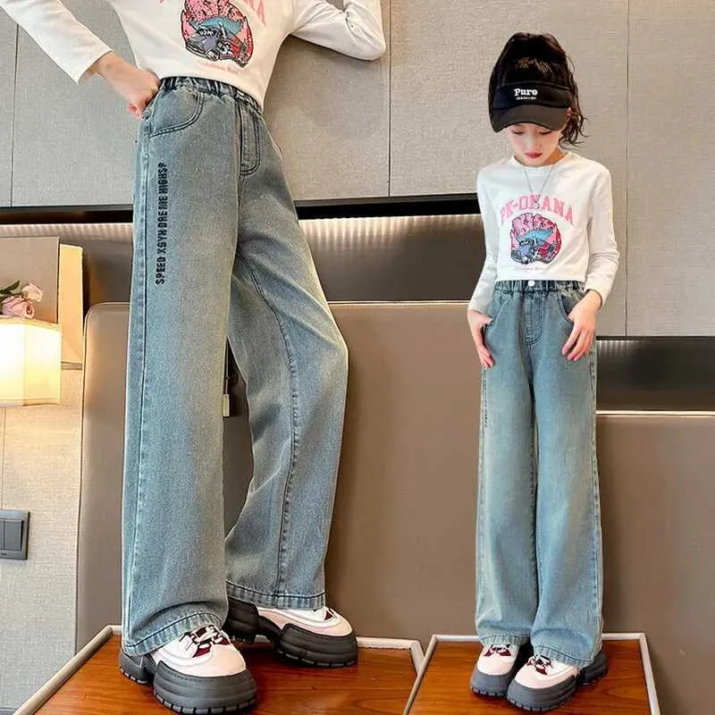 Jeans Wide Leg Pour Fille 6 Ans - Pantalon Baggy Décontracté En Denim élastique, Style Déchiré Vintage