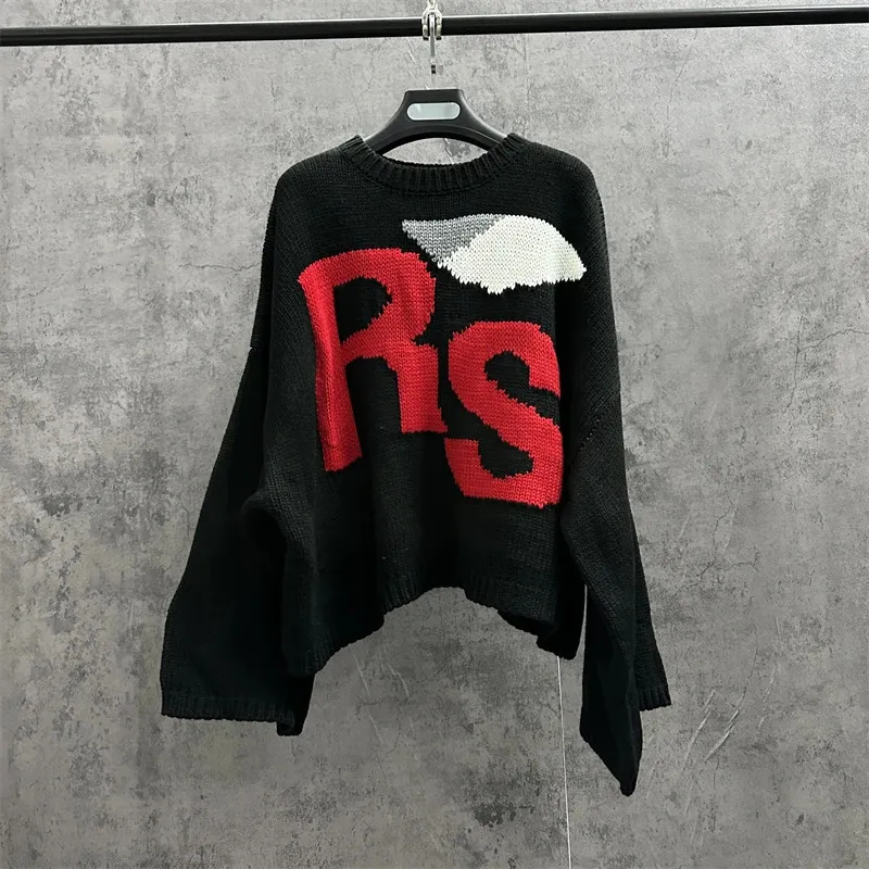 Oversized Knit Sweater - Unisex Letter R Design, Black Stylish