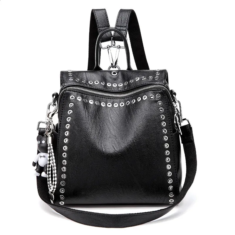 2020 Women Genuine Leather Backpack Rivet Multifunctional Backpack Female Multifunctional Genuine Leather Rivet backpack for main image 2
